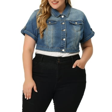 Agnes Orinda Plus Size Denim Jackets for Women Button Front Work Washed Rolled Sleeves Cropped Jean Jacket