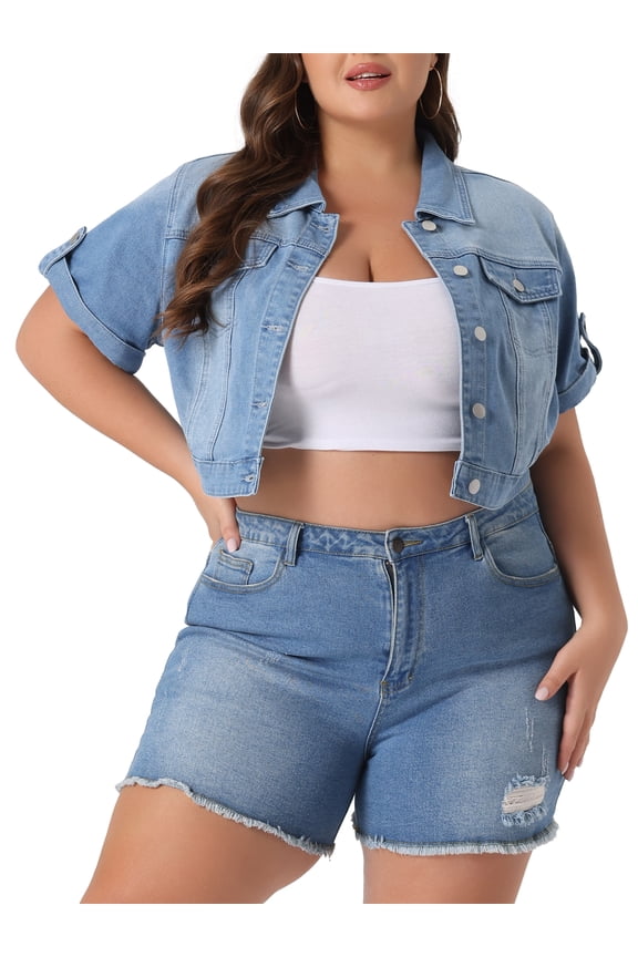 Plus Size Denim Jackets for Women Button Front Work Washed Rolled Sleeves Cropped Jean Jacket 1X Light Blue