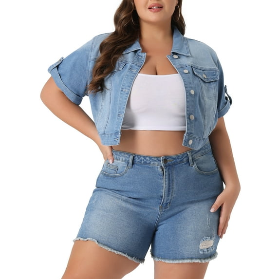Agnes Orinda Plus Size Denim Jackets for Women Button Front Work Washed Rolled Sleeves Cropped Jean Jacket 4X Light Blue