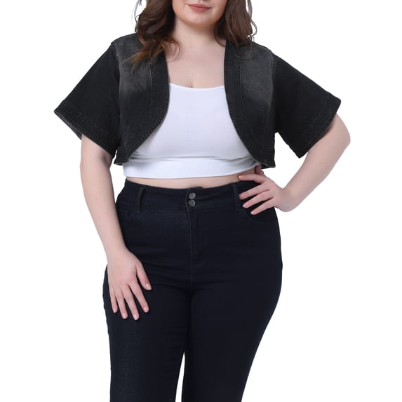 Agnes Orinda Women's Plus Size Denim Jackets Cardigan Casual Short Crop Jean Jacket Shrug 4X Black