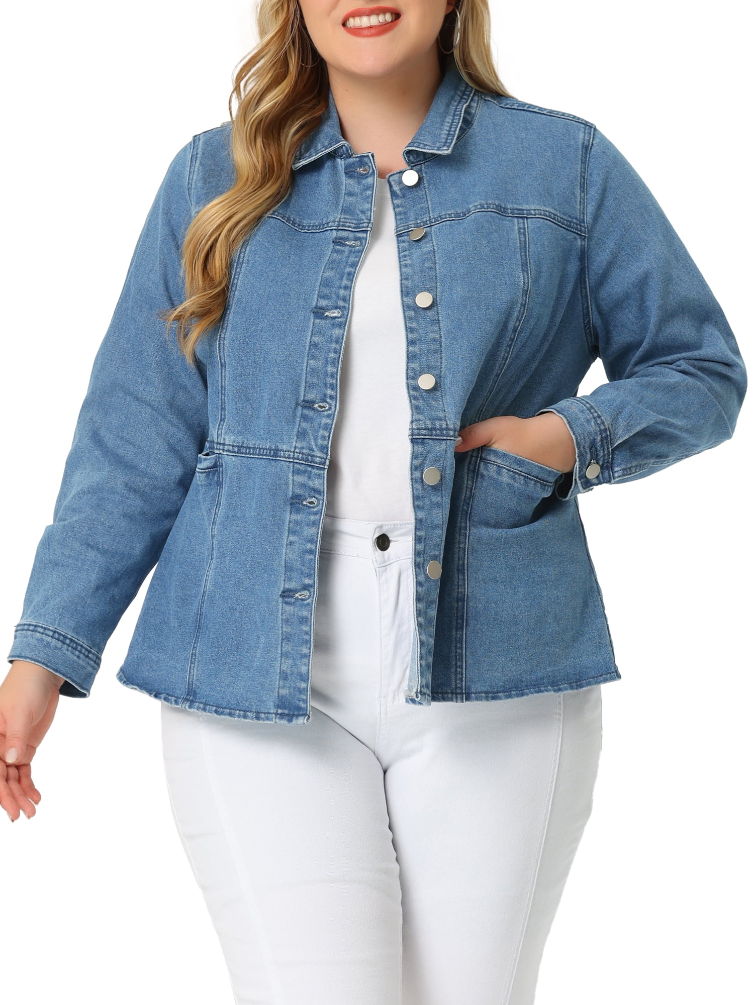 Agnes Orinda Women's Plus Size Jacket Casual Washed Frayed Denim Jackets  Blue 2X