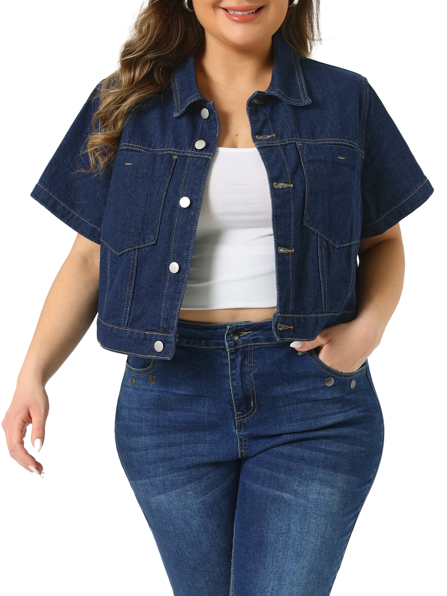 Agnes Orinda Women's Plus Size Cropped Denim Jackets Classic Lapel