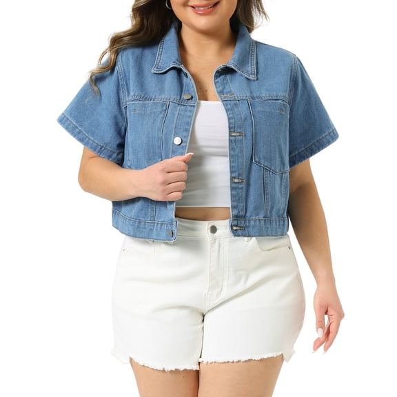 Agnes Orinda Women's Plus Size Cropped Denim Jackets Classic Lapel Short Sleeve Button Down Washed Casual Jean Jacket with Pocket 3X Light Blue