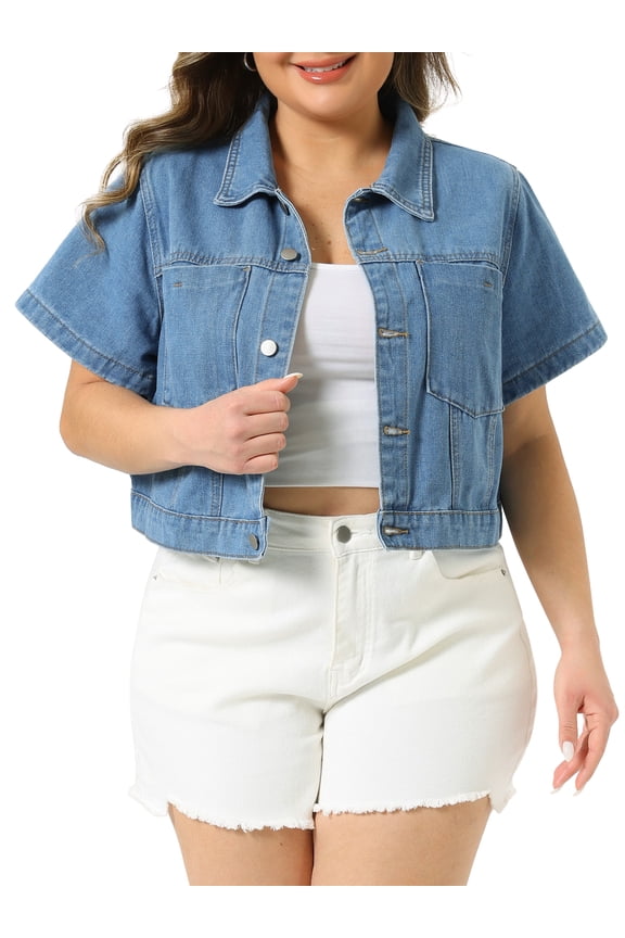 Women's Plus Size Cropped Denim Jackets Classic Lapel Short Sleeve Button Down Washed Casual Jean Jacket with Pocket 3X Light Blue