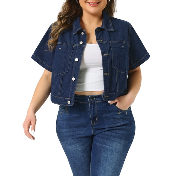 Agnes Orinda Women's Plus Size Cropped Denim Jackets Classic Lapel Short Sleeve Button Down Washed Casual Jean Jacket with Pocket 4X Dark Blue