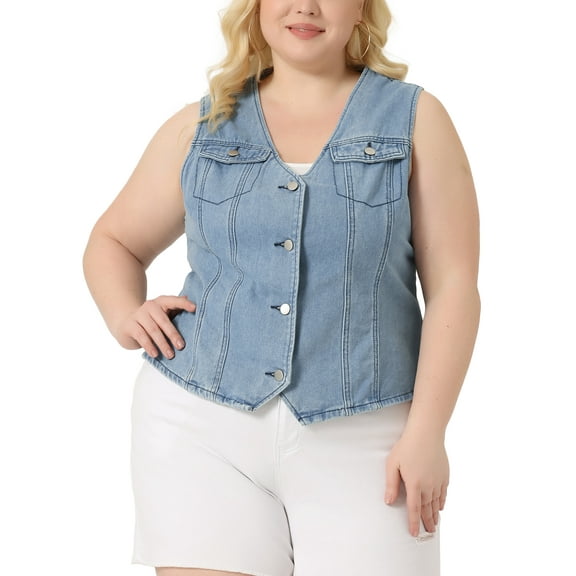 Agnes Orinda Plus Size Denim Jackets for Women Sleeveless Utility with Pocket Jean Denim Vests