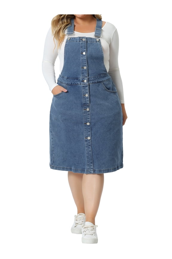 Plus Size Denim Overall Dress for Women Button Front Adjustable Strap Suspender Skirt 1X Gray Blue