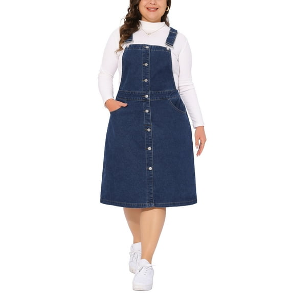 Agnes Orinda Plus Size Denim Overall Dress for Women Button Front Adjustable Strap Suspender Skirt 4X Dark Blue