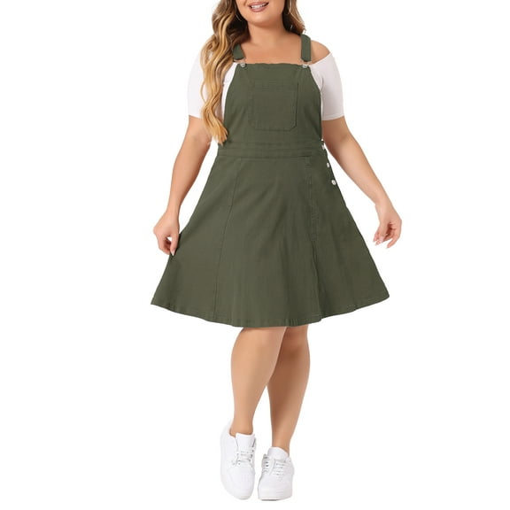 Agnes Orinda Plus Size Denim Overall Dress for Women Jeans Jumpers Adjustable Strap Suspender Skirts 2X Army Green
