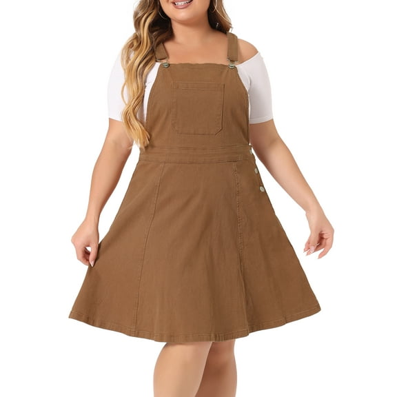 Agnes Orinda Plus Size Denim Overall Dress for Women Jeans Jumpers Adjustable Strap Suspender Skirts 2X Brown