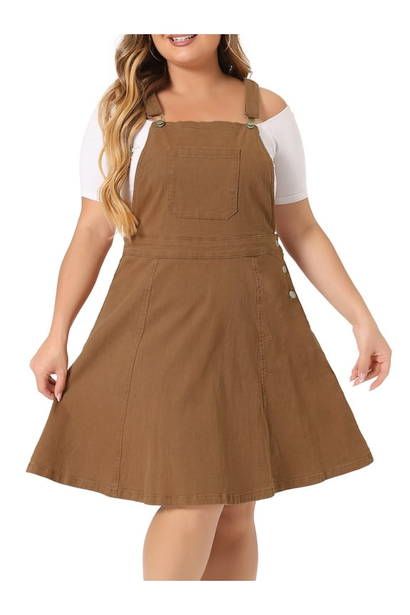 Plus Size Denim Overall Dress for Women Jeans Jumpers Adjustable Strap Suspender Skirts 3X Brown