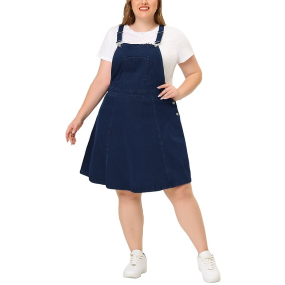 Agnes Orinda Plus Size Denim Overall Dress for Women Jeans Jumpers Adjustable Strap Suspender Skirts 3X Dark Blue