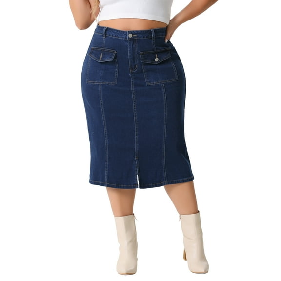 Agnes Orinda Plus Size Denim Skirt for Women Basic High Waist Ripped Hem Pockets Jeans Skirts 1X Dark Blue