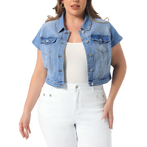 Agnes Orinda Plus Size Denim Vest Tops for Women Y2K Button Down Short Sleeve Streetwear Jean Jacket 3X Light Blue
