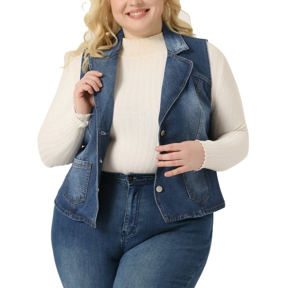 Agnes Orinda Plus Size Denim Vest for Women Sleeveless Lapel Classics Chambray Jackets Vest