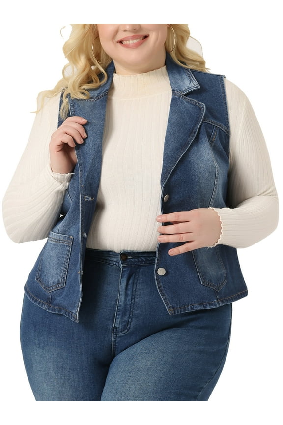 Plus Size Denim Vest for Women Sleeveless Lapel Classics Chambray Jackets Vest