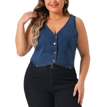 Agnes Orinda Women's Plus Size Denim Vest Sleeveless V Neck Button Down Casual Jean Waistcoat Jacket 1X Blue