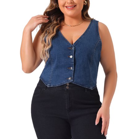 Agnes Orinda Women's Plus Size Denim Vest Sleeveless V Neck Button Down Casual Jean Waistcoat Jacket 1X Blue