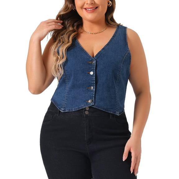 Agnes Orinda Women's Plus Size Denim Vest Sleeveless V Neck Button Down Casual Jean Waistcoat Jacket 1X Blue