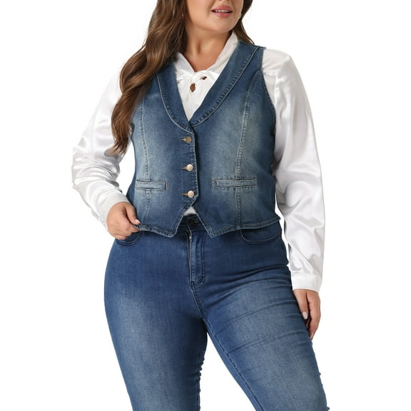 Agnes Orinda Plus Size Denim Vest for Women Sleeveless V Neck Button Down Jean Waistcoat Jacket