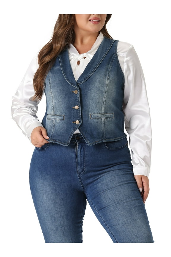 Plus Size Denim Vest for Women Sleeveless V Neck Button Down Jean Waistcoat Jacket
