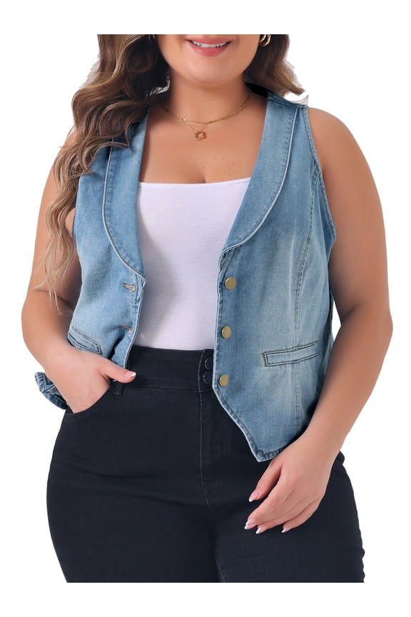 Plus Size Denim Vest for Women Sleeveless V Neck Button Down Jean Waistcoat Jacket