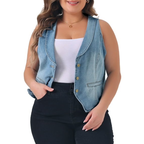 Agnes Orinda Plus Size Denim Vest for Women Sleeveless V Neck Button Down Jean Waistcoat Jacket