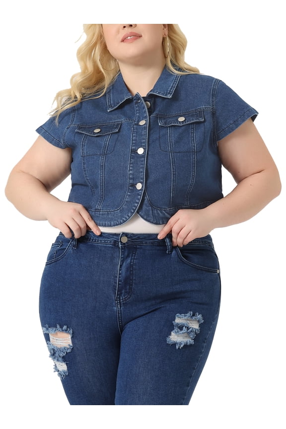 Plus Size Denim Vest for Women Y2K Button Down Tops Cap Short Sleeve Jean Jacket Streetwear