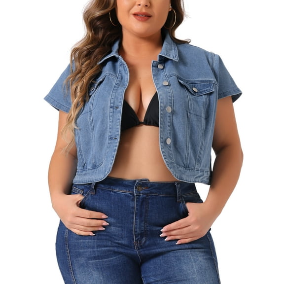 Agnes Orinda Plus Size Denim Vest for Women Y2K Button Down Tops Cap Short Sleeve Jean Jacket Streetwear