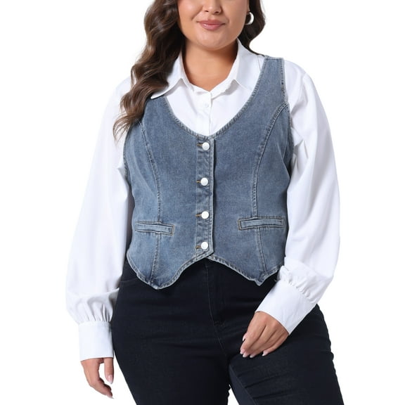 Agnes Orinda Plus Size Denim Vests for Women Vest Tops Button Down Jean Waistcoat Casual Sleeveless Jacket 1X Gray Blue