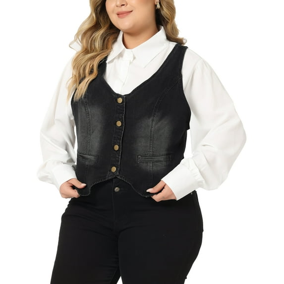 Agnes Orinda Plus Size Denim Vests for Women Vest Tops Button Down Jean Waistcoat Casual Sleeveless Jacket 2X Black