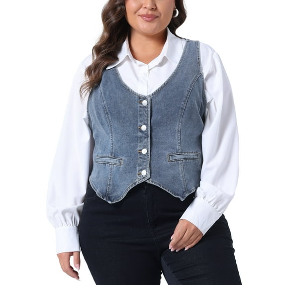 Agnes Orinda Plus Size Denim Vests for Women Vest Tops Button Down Jean Waistcoat Casual Sleeveless Jacket 3X Gray Blue