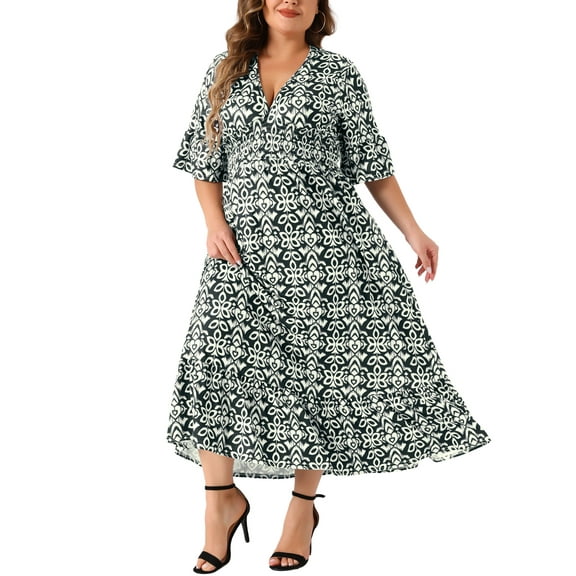 Agnes Orinda Women's Plus Size Bell Half Sleeves V Neck Boho A Line Long Dresses 4X Black