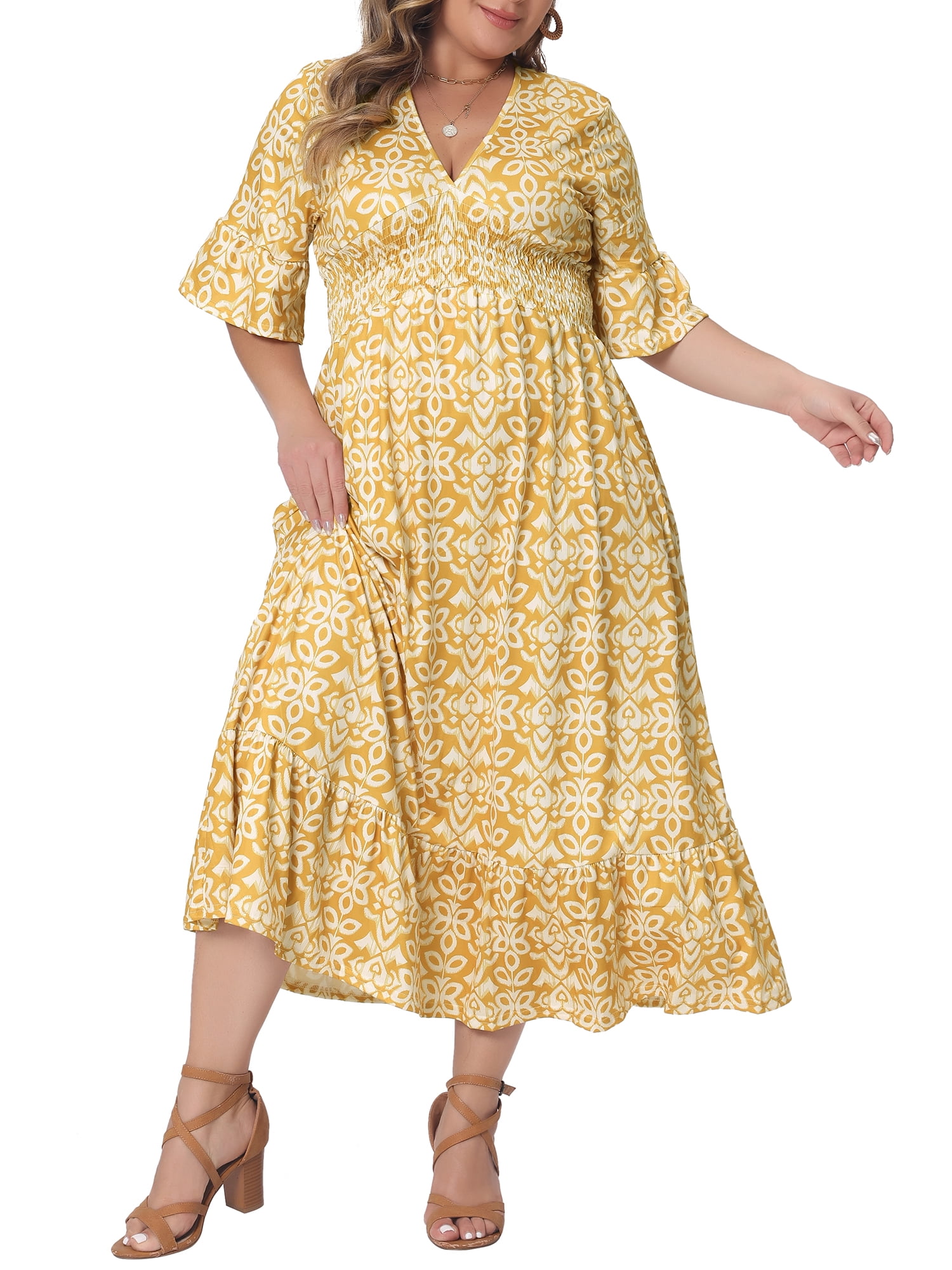 Agnes Orinda Women's Plus Size Bell Sleeve Ruffled Hem V Neck Boho A Line Long Dresses 3X Yellow