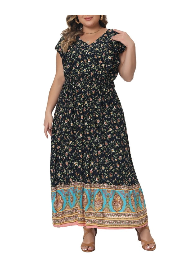 Plus Size Dress for Women Boho Floral Dresses V Neck Ruffle Sleeve Summer Beach Swing Dress 4X Navy Blue