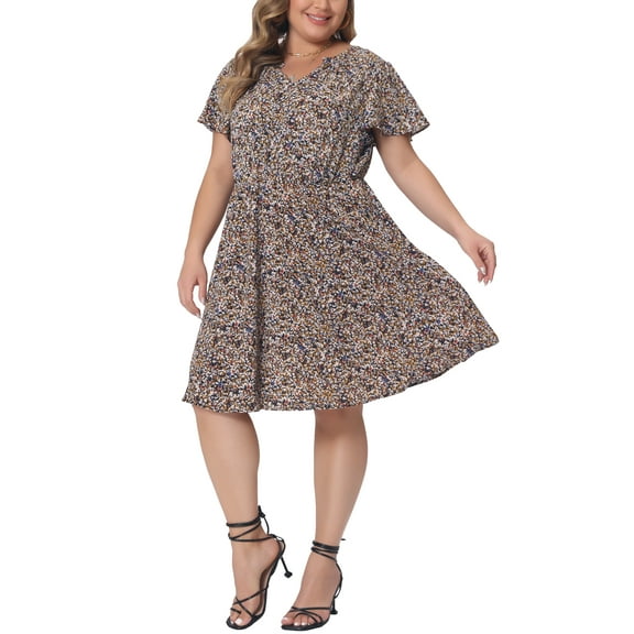 Agnes Orinda Plus Size Dress for Women Boho Floral Notched V Neck Ruffle Sleeve a Line Midi Dresses