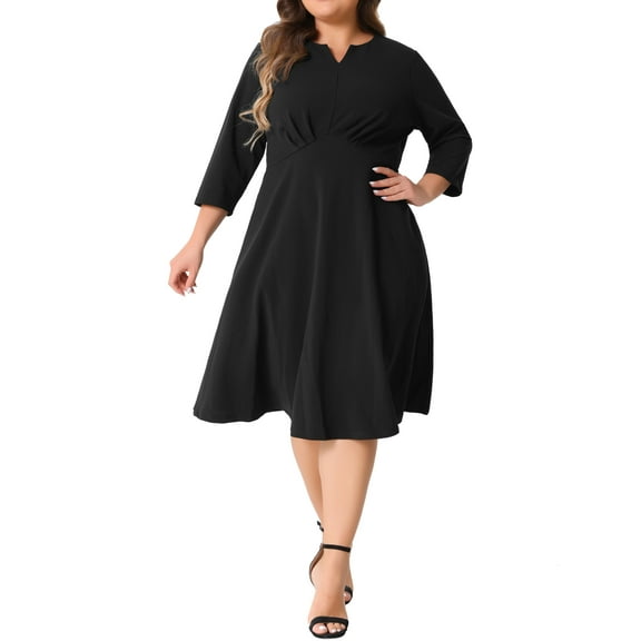 Agnes Orinda Plus Size Dress for Women Casual Wedding Guest Work Midi Notched V Neck 3/4 Sleeve A-Line Dresses 1X Black