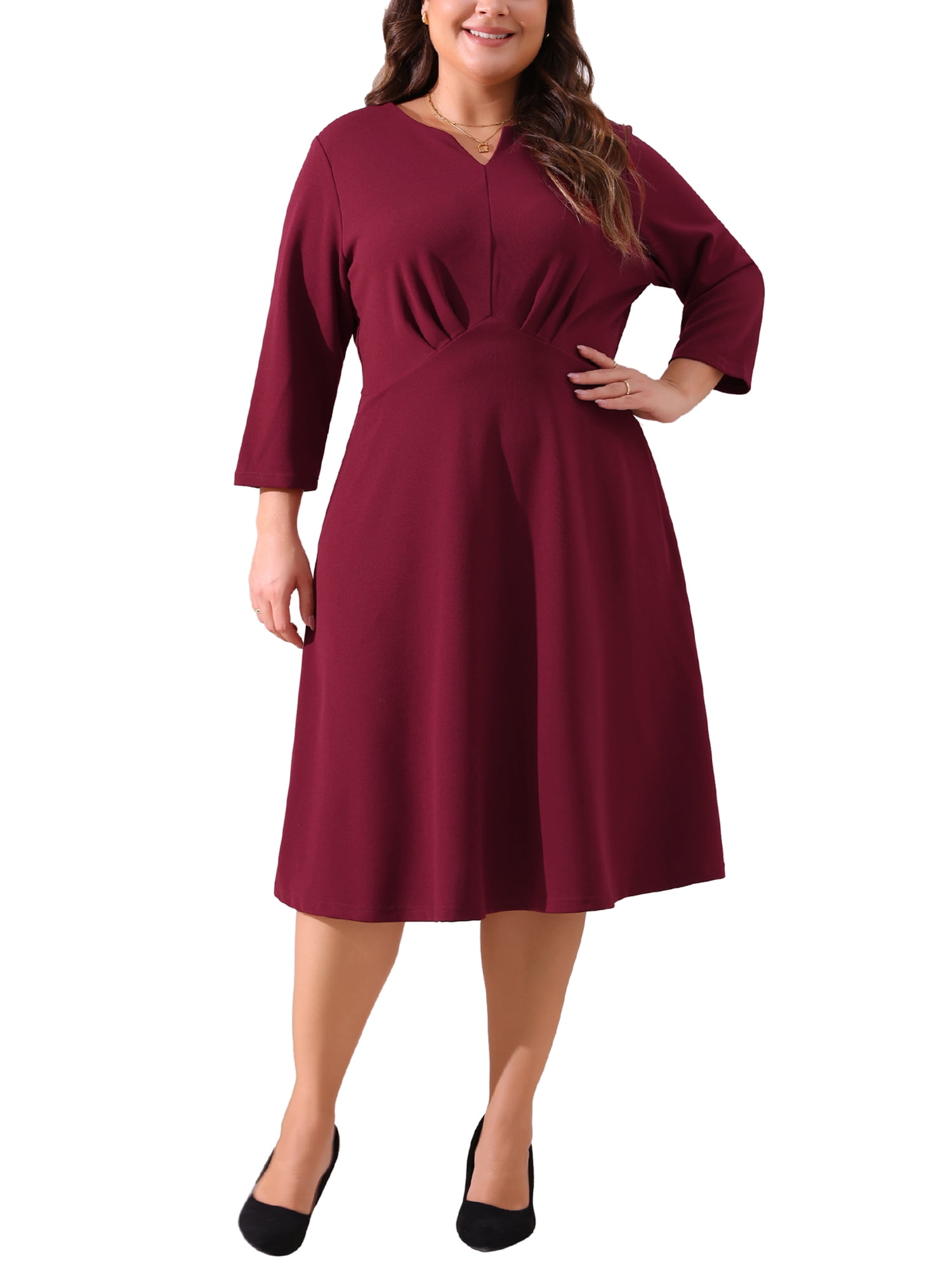 Agnes Orinda Plus Size Dress for Women Casual Wedding Guest Work Midi  Notched V Neck 3/4 Sleeve A-Line Dresses 3X Burgundy - Walmart.com