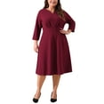 thumbnail image 1 of Agnes Orinda Plus Size Dress for Women Casual Wedding Guest Work Midi Notched V Neck 3/4 Sleeve A-Line Dresses 4X Burgundy, 1 of 5