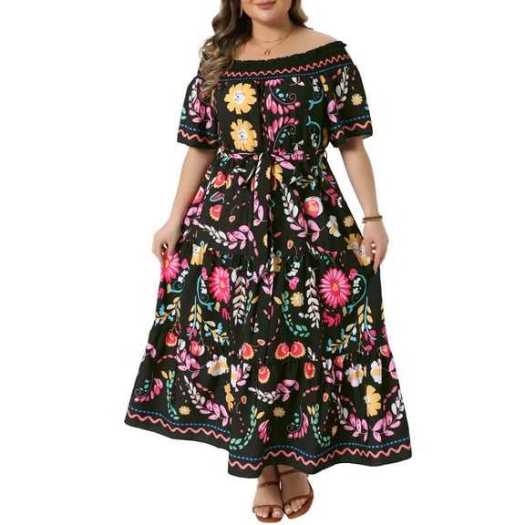 Agnes Orinda Women's Plus Size Dress Floral Tiered Elastic Square Neck Off Shoulder Short Sleeve Summer Maxi Dresses with Belt 3X Black