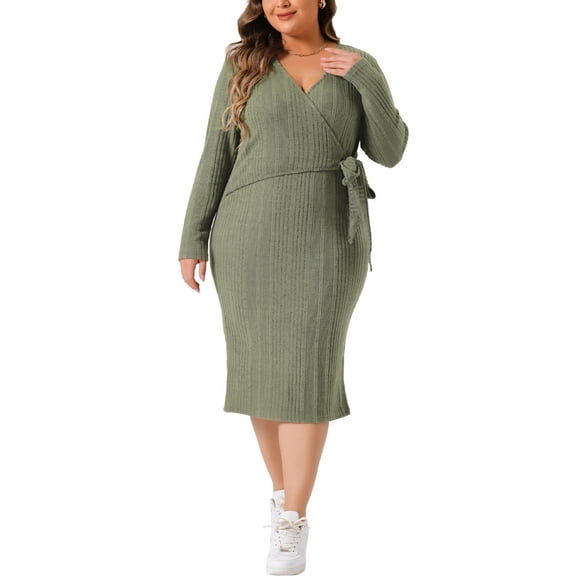 Agnes Orinda Plus Size Dress for Women Elegant Wrap V Neck Long Sleeve Back Slit Midi Dress with Belted 4X Green
