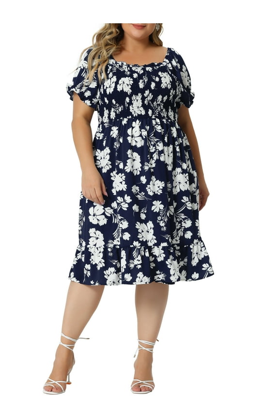 Women's Plus Size Easter Dress Ruffle Short Sleeves Flared Flowy Smock Floral Mid Dresses 3X Navy Blue