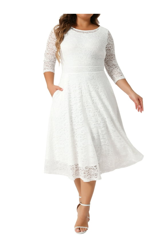 Women's Plus Size Valentines Day Dress Floral Lace Scooped Neckline 3/4 Sleeves with Pocket Knit Cocktail Party Dresses 1X White