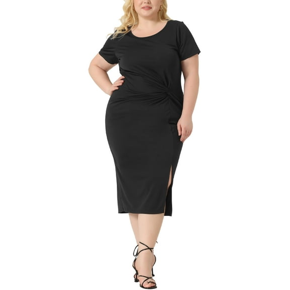 Agnes Orinda Plus Size Dress for Women Knot Round Neck Short Sleeve Side Split Dress