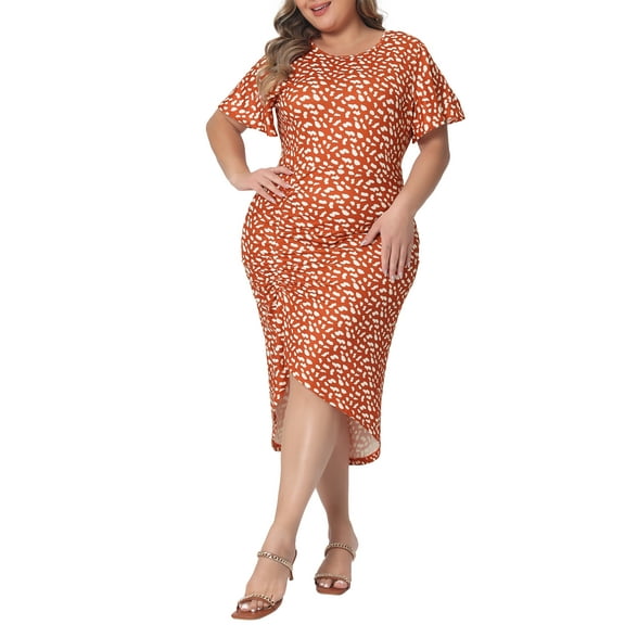 Agnes Orinda Plus Size Dress for Women Polka Dots Ruched Round Neck Short Sleeve Wedding Cocktail Bodycon Dress