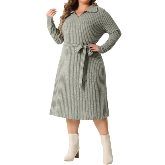 Agnes Orinda Women's Plus Size Dress Ribbed Sweater Half Zip Front Long Sleeve Tie Waist Knit Midi Dresses with Belt 4X Grey