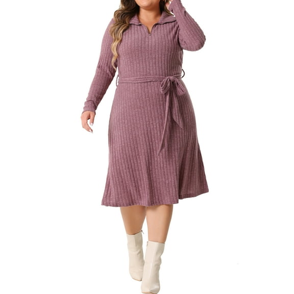 Agnes Orinda Women's Plus Size Dress Ribbed Sweater Half Zip Front Long Sleeve Tie Waist Knit Midi Dresses with Belt 4X Purple