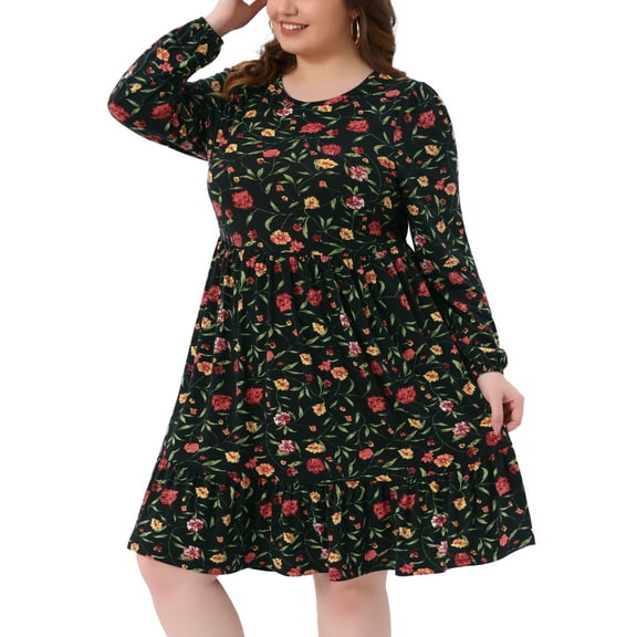 Agnes Orinda Plus Size Dress for Women Round Neck Long Sleeve Pleated Tiered Midi Floral Dresses 3X Black