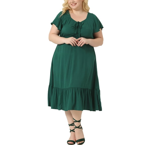 Agnes Orinda Plus Size Dress for Women Short Sleeve Sweetheart Neck Ruffle Tie Maxi Long Dresses 2X Dark Green