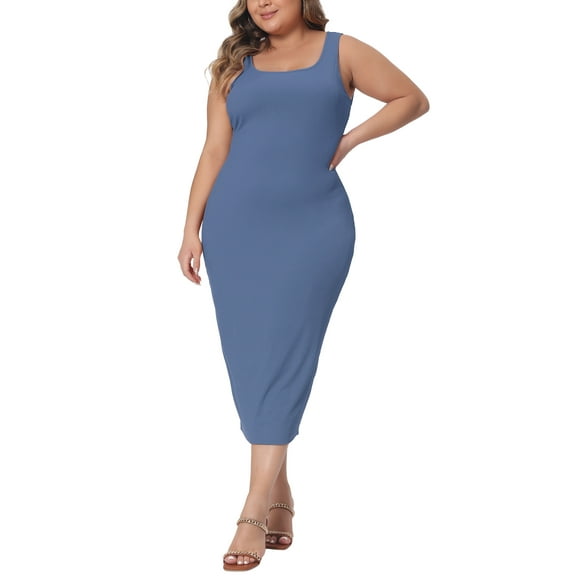 Agnes Orinda Women's Plus Size Dress Sleeveless Square Neck Bodycon Sundress Midi Tank Dress 4X Blue